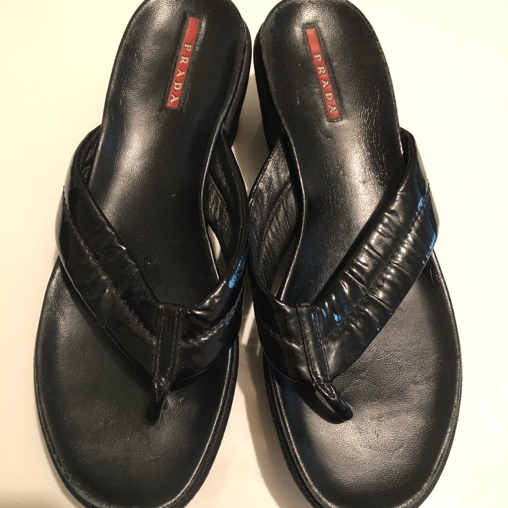 Prada Leather Thong Wedge Sandals (Authentic)
